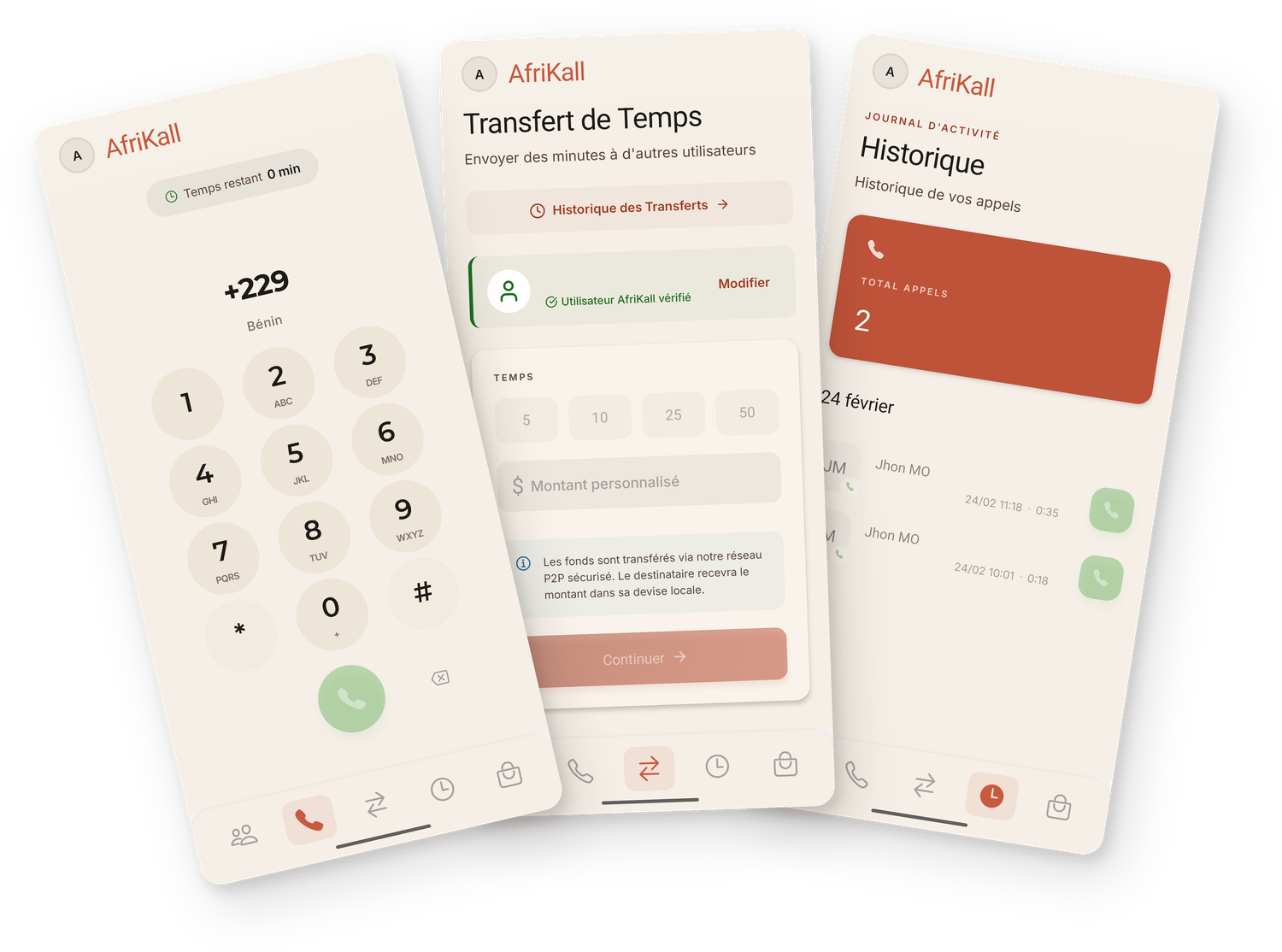 Application AfriKall : écran d'appel avec clavier et indicatif pays, écran de transfert de temps entre utilisateurs, écran d'historique des appels internationaux